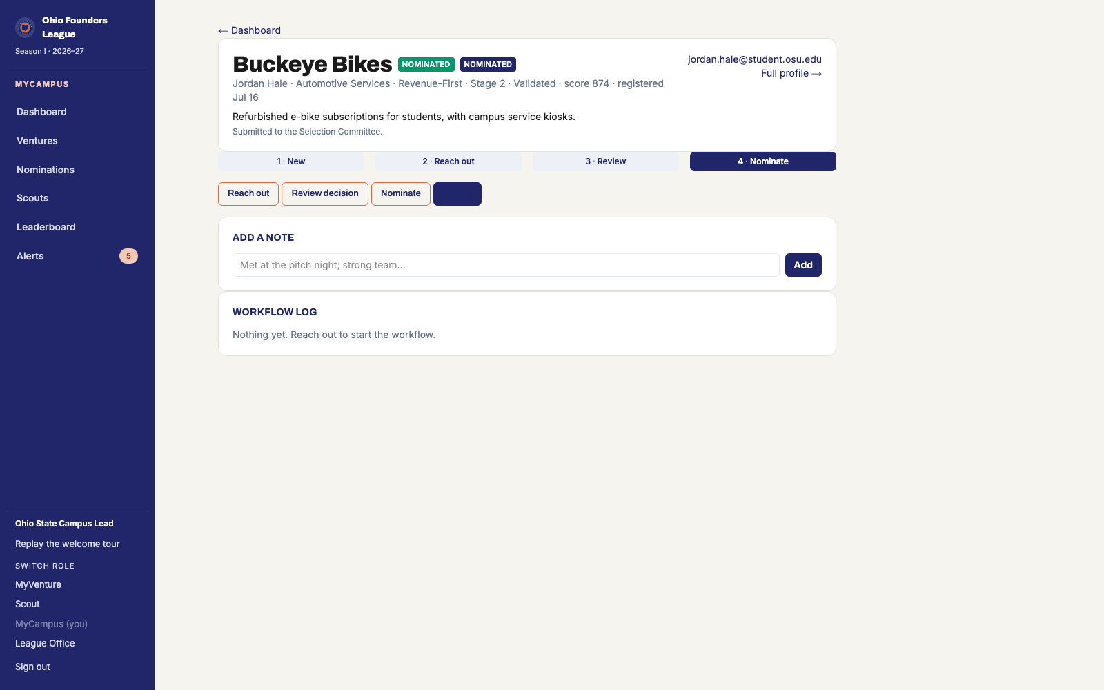 A venture's workflow page: Reach out with a template, Review with a decision, Nominate, and the log of every step.