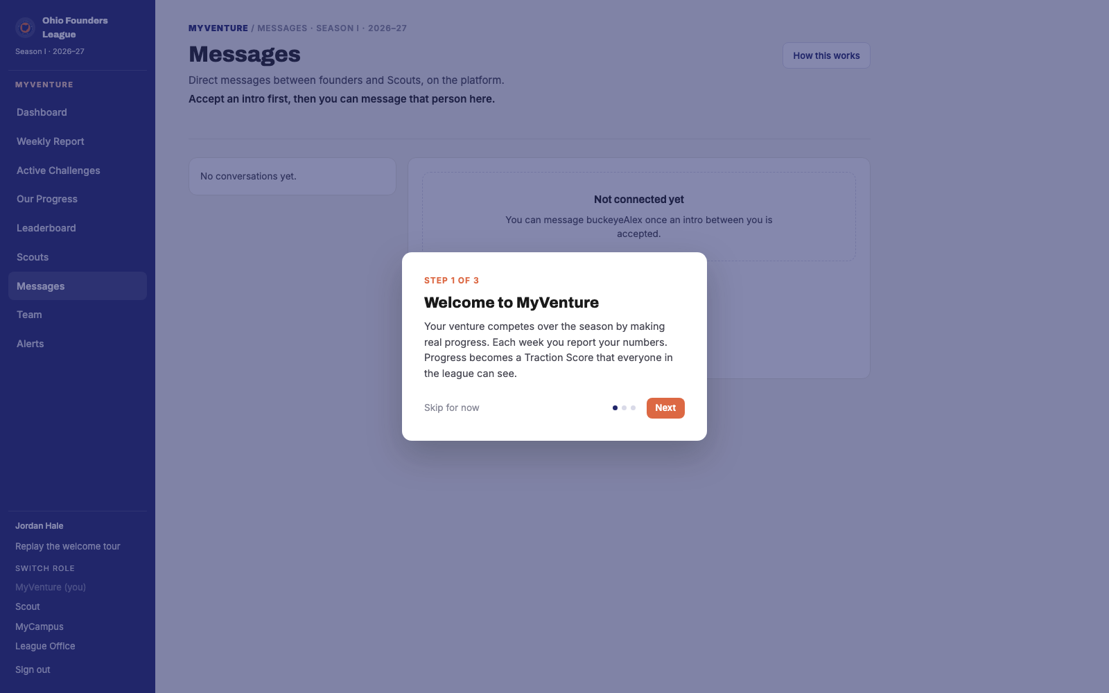 Messages: your conversations on the left, the thread on the right, and the other person's email once you are connected.