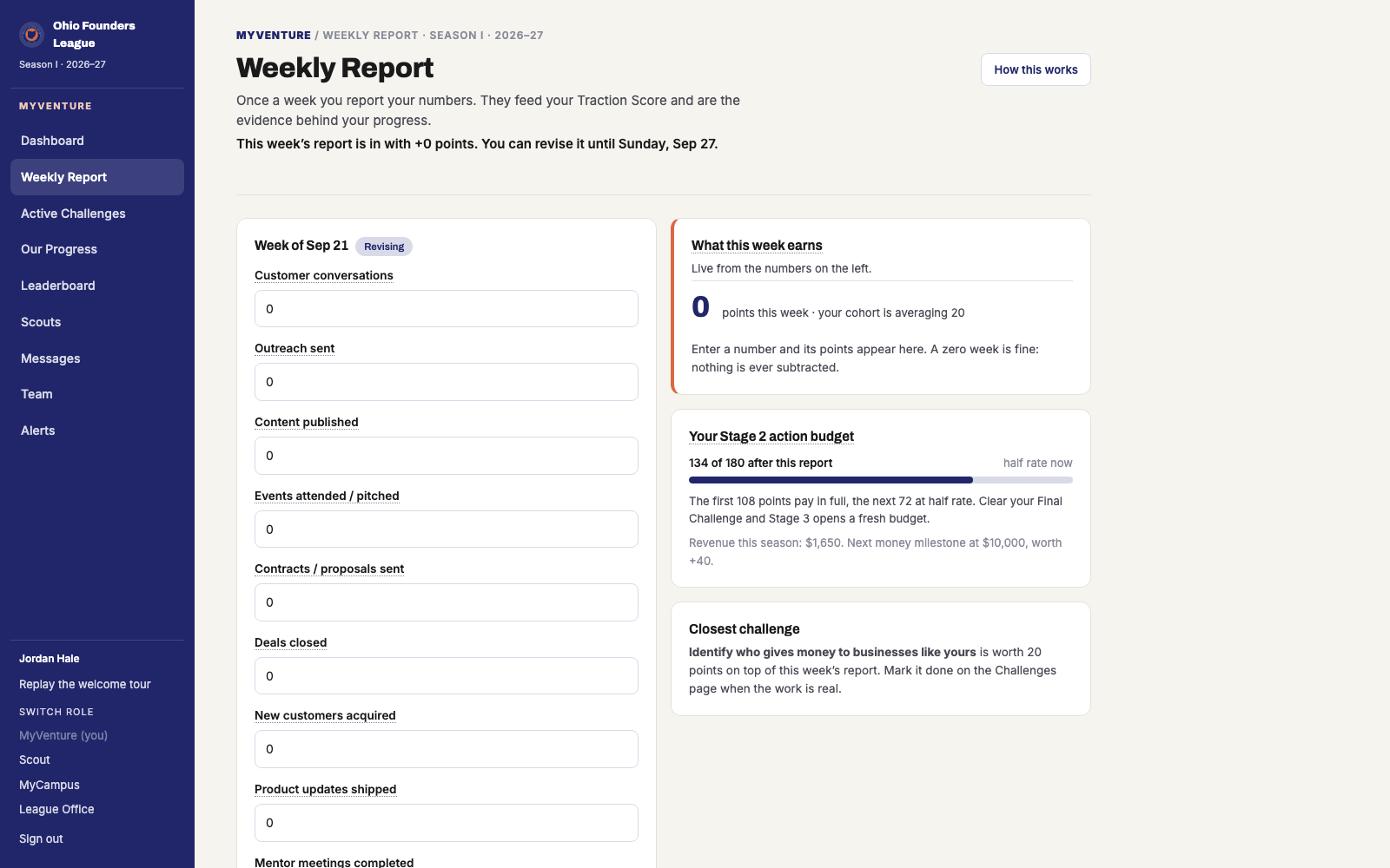 Weekly Report: nine actions and revenue with a tooltip on each, the live panel that shows what the week earns, and your action budget for the stage.