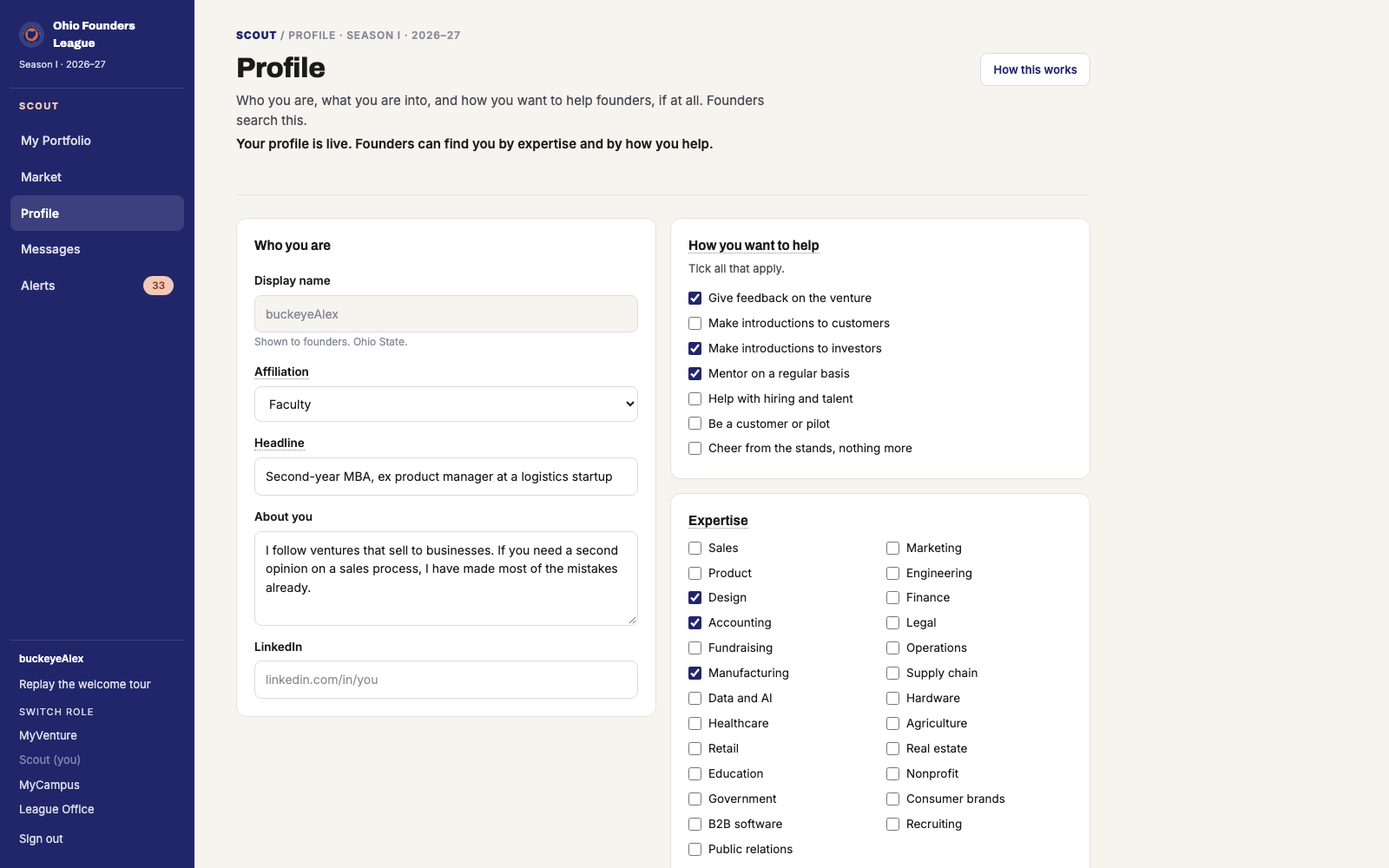 Profile: who you are, how you want to help, expertise and interests, availability by time and channel, and your intros.